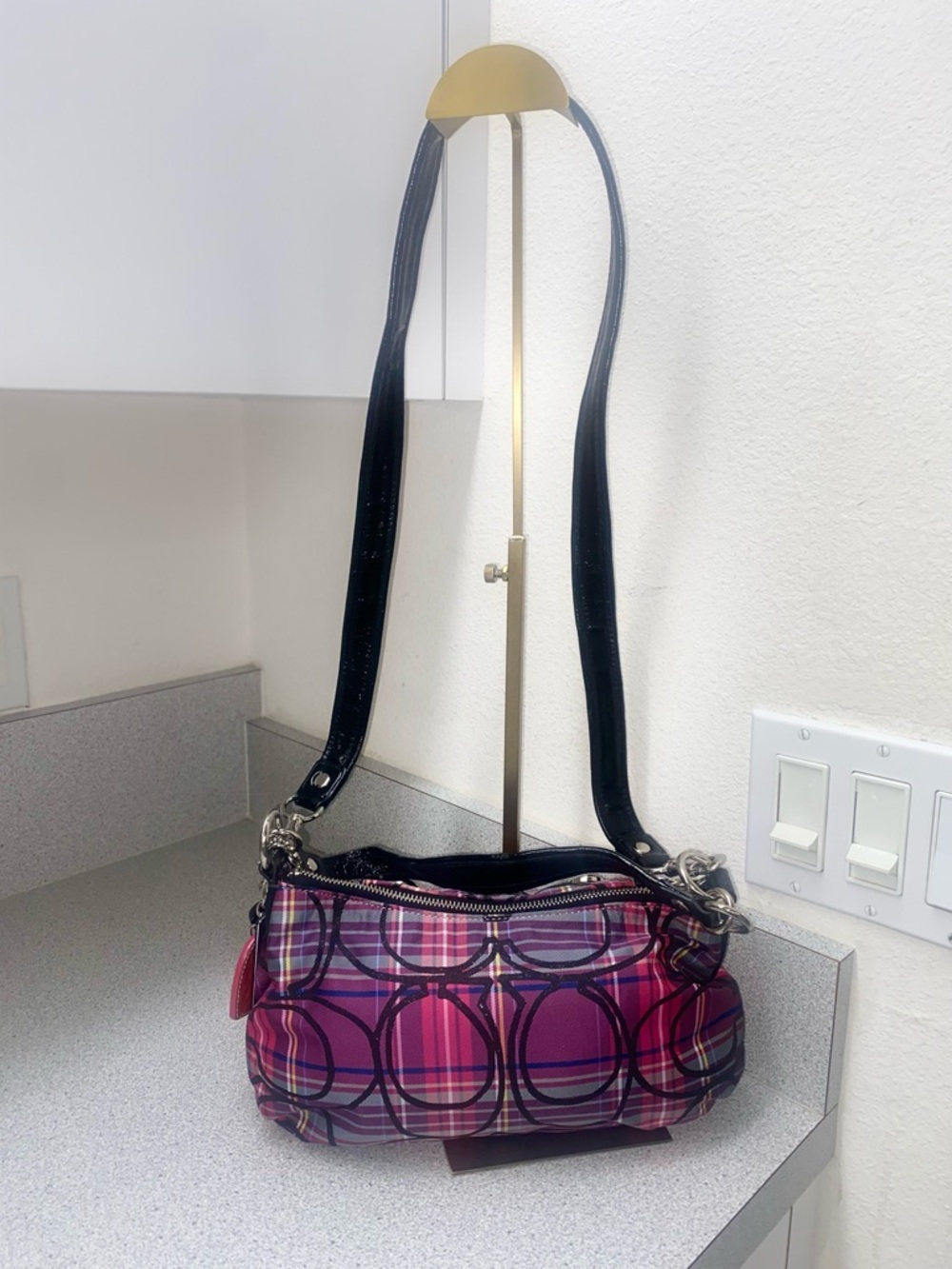 Coach Poppy Pink/Purple/Black Tartan Groovy Shoulder/Crossbody Bag EUC - Picture 4 of 15